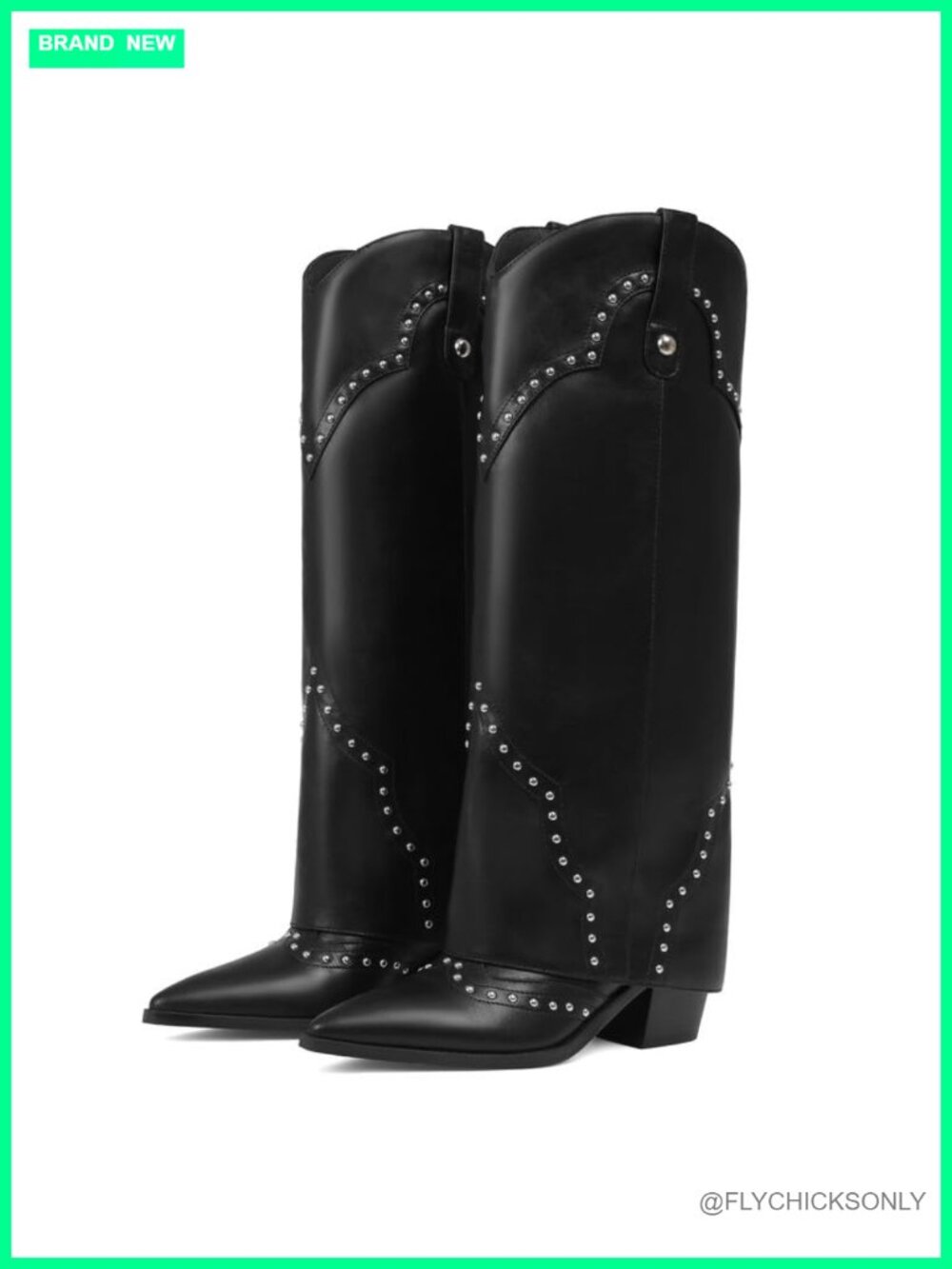 Erocalli Knee High Western Boots Pointed Toe Fold Over Block Heel Pull-On